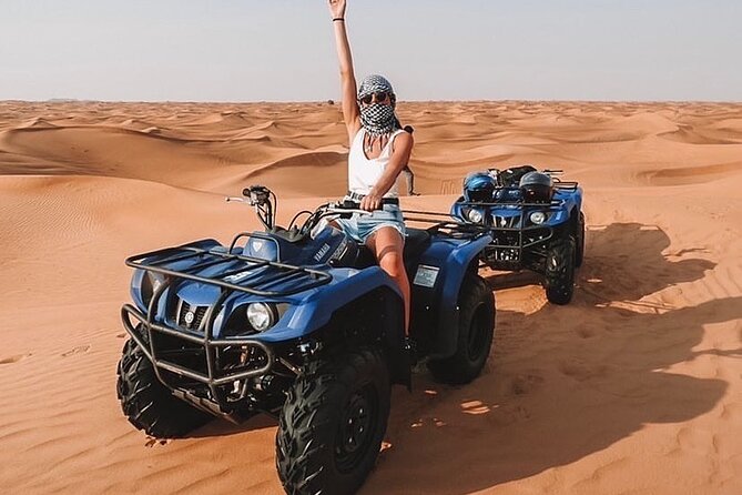 Desert Safari Dubai 25 minutes Quad Bike Free Camel Ride BBQ Dinner - Quad Biking for 20 Minutes: Training, Helmet, and Real Control