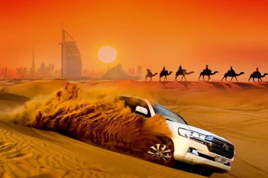 Dubai: Desert Safari Camel Riding, Sandboarding & BBQ Dinner - Camel Ride at Sunset and Camp Photos: The Moment Dubai Feels Like Dubai