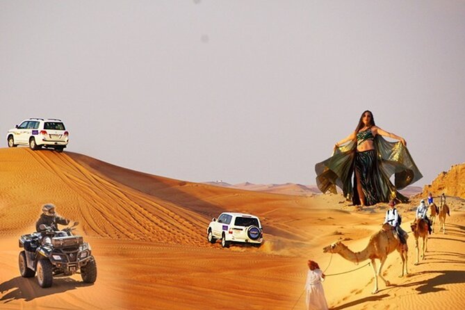 Dubai Desert Safari Dune Bashing, 60min ATV Quad, Camel Ride, BBQ - Dinner and shows: BBQ, Arabic sweets, and the night’s rhythm