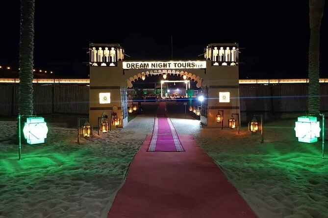 Dubai Desert Safari With Dune Bashing, Camel Ride & BBQ Dinner - Dream Night Tours campsite: Gahwa, dates, and the show schedule