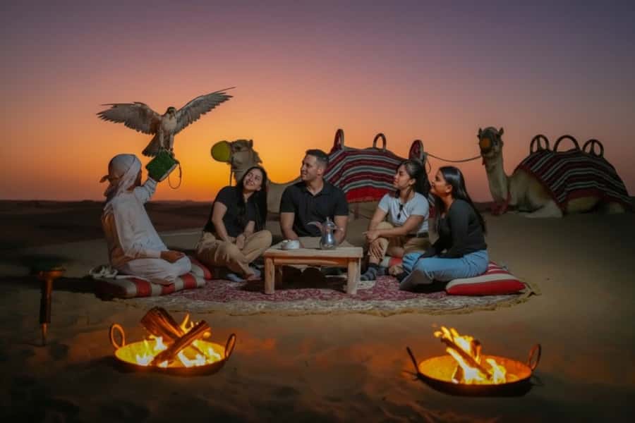 Dubai: Evening Desert Safari with Camel Ride & Stargazing - Al Marmoom Oasis: Tea, Dates, Falcon Photos, and Sandboarding