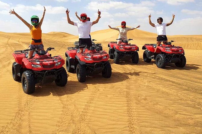 Dubai: Jeep Desert Safari, Camel Ride, and Quad Bike Tour - Lahbab stop 1: quad biking with a real safety moment