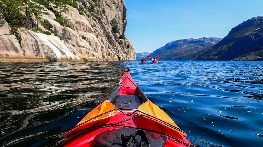 Stavanger: Lysefjord Kayak Safari (Waterfalls & Pulpit Rock) - Paddling right below Preikestolen (Pulpit Rock): the perspective shift